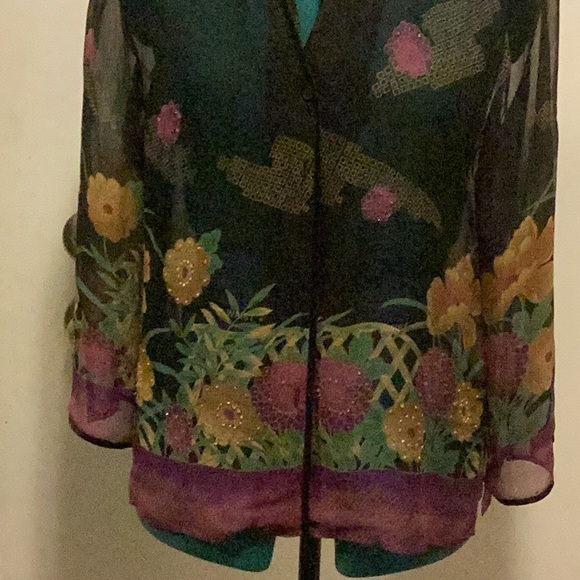Womens Semi Sheer Silk Blouse Black Floral w/clear beads Unbranded - Picture 4 of 10